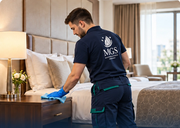 MGS Mitarbeiter reinigt einen Nachttisch in einem Hotelzimmer