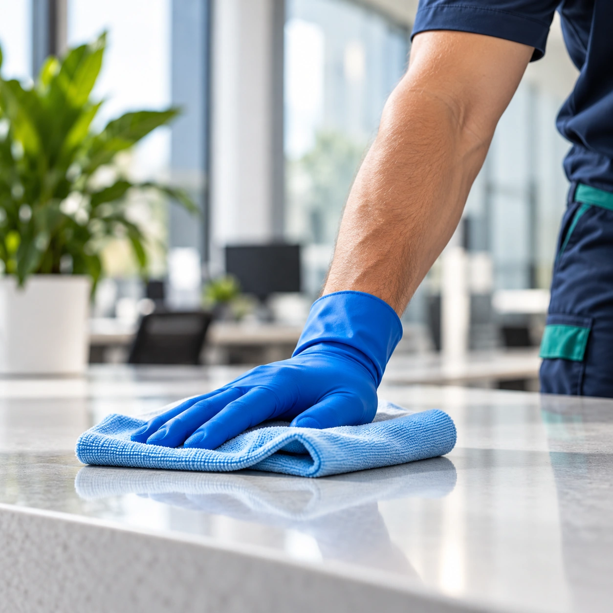 Reinigung einer Oberfläche mit blauem Handschuh und Tuch