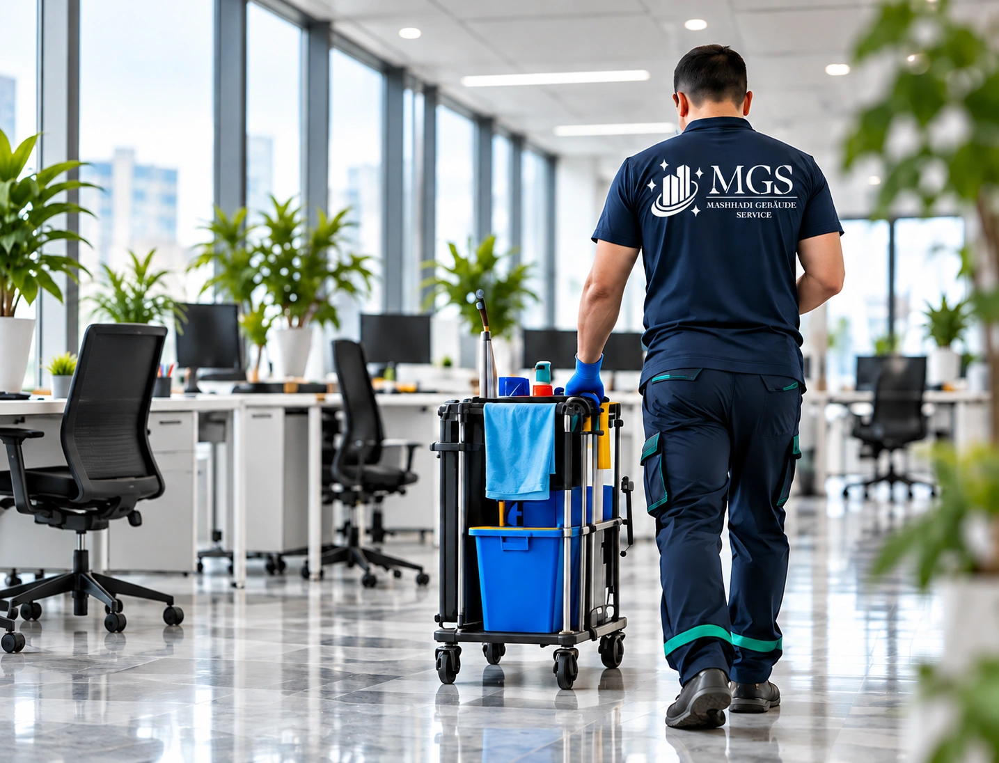 Männlicher MGS Mitarbeiter mit Reinigungswagen in einem Büro
