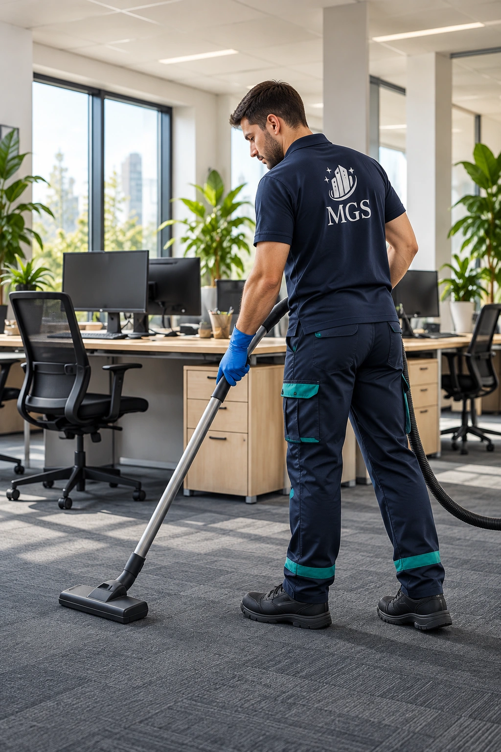 MGS Mitarbeiter saugt einen Bürobereich