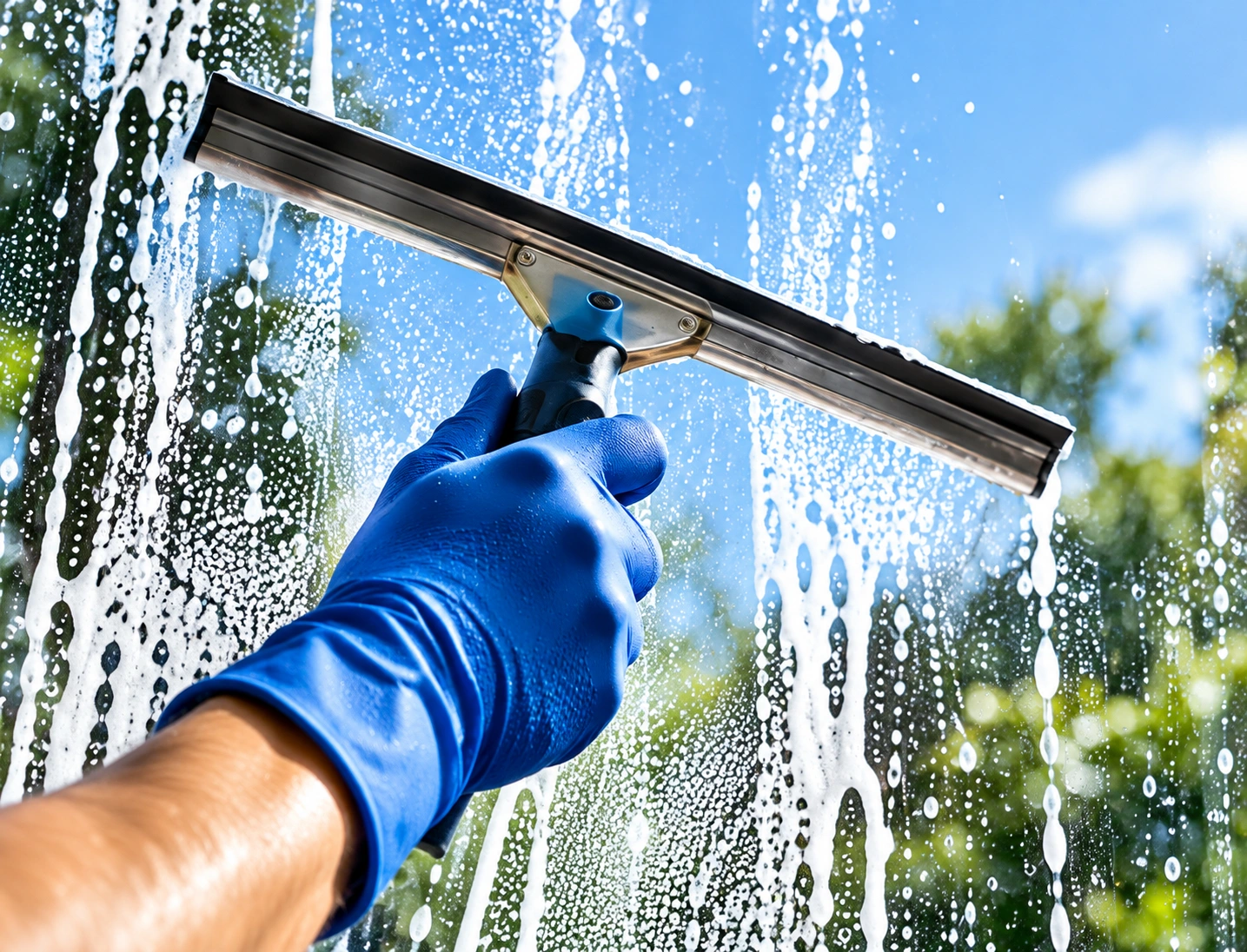 Fensterreinigung mit Abzieher und blauem Handschuh